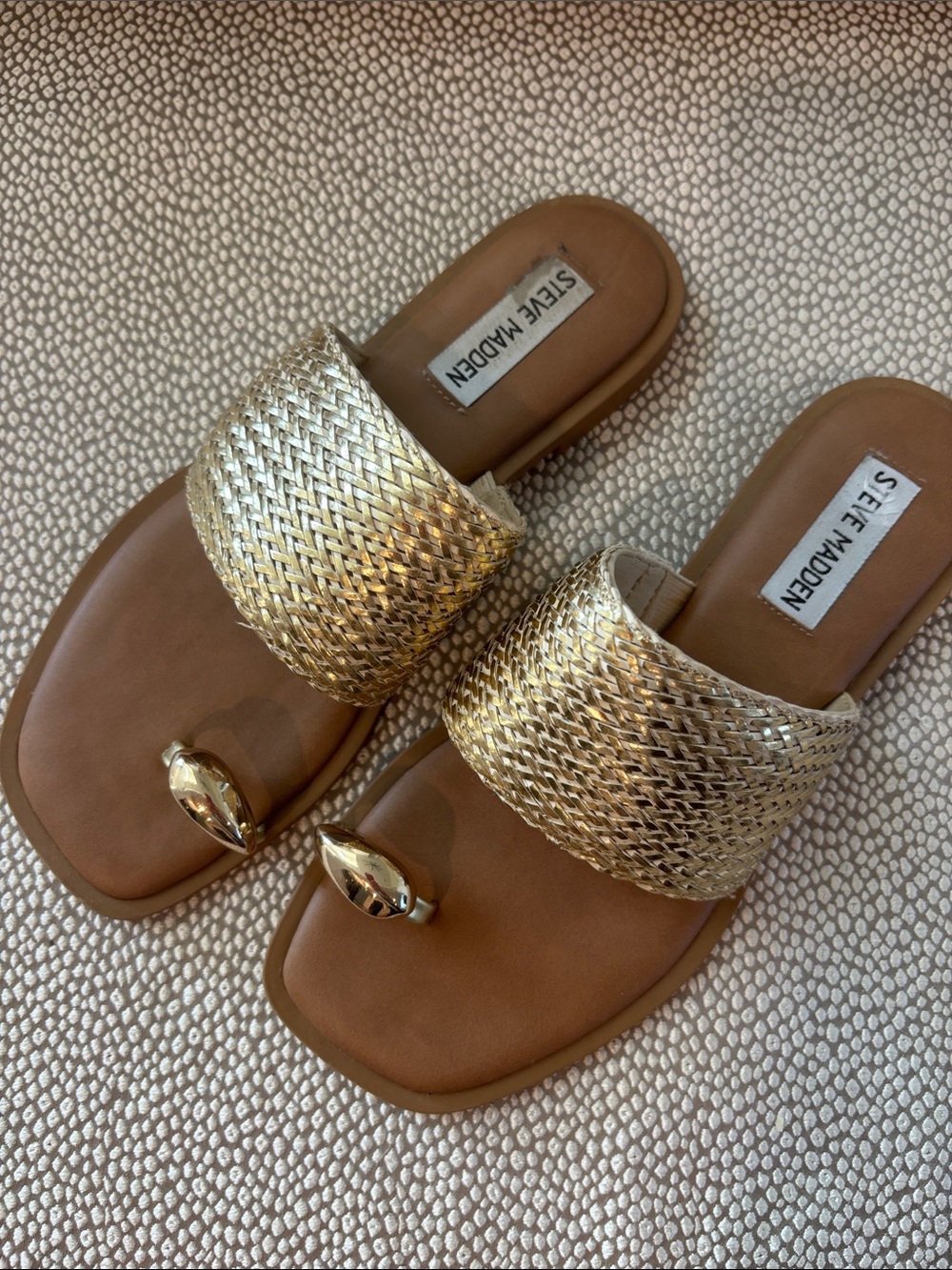 Steve Madden Metallic Gold Braided Toe-Ring Slide Sandals
